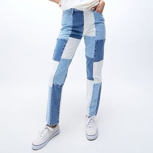PacSun Blue and White Denim Patchwork Straight Leg Mom Jeans 25